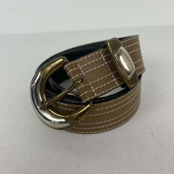 VINTAGE ESCADA AUTHENTIC WEST GERMANY BROWN  striped LEATHER WOMEN'S BELT brass - Picture 1 of 7